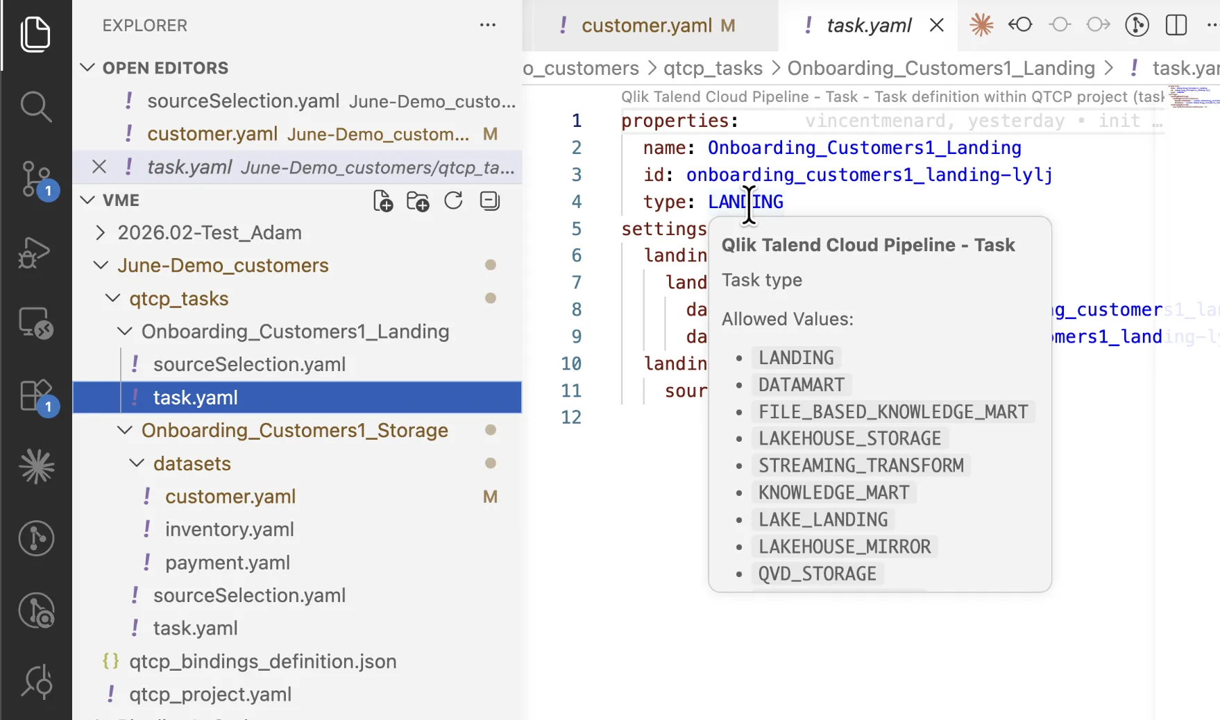 Visual Studio Code displaying a declarative pipeline task YAML file, with inline schema documentation listing the allowed task types.