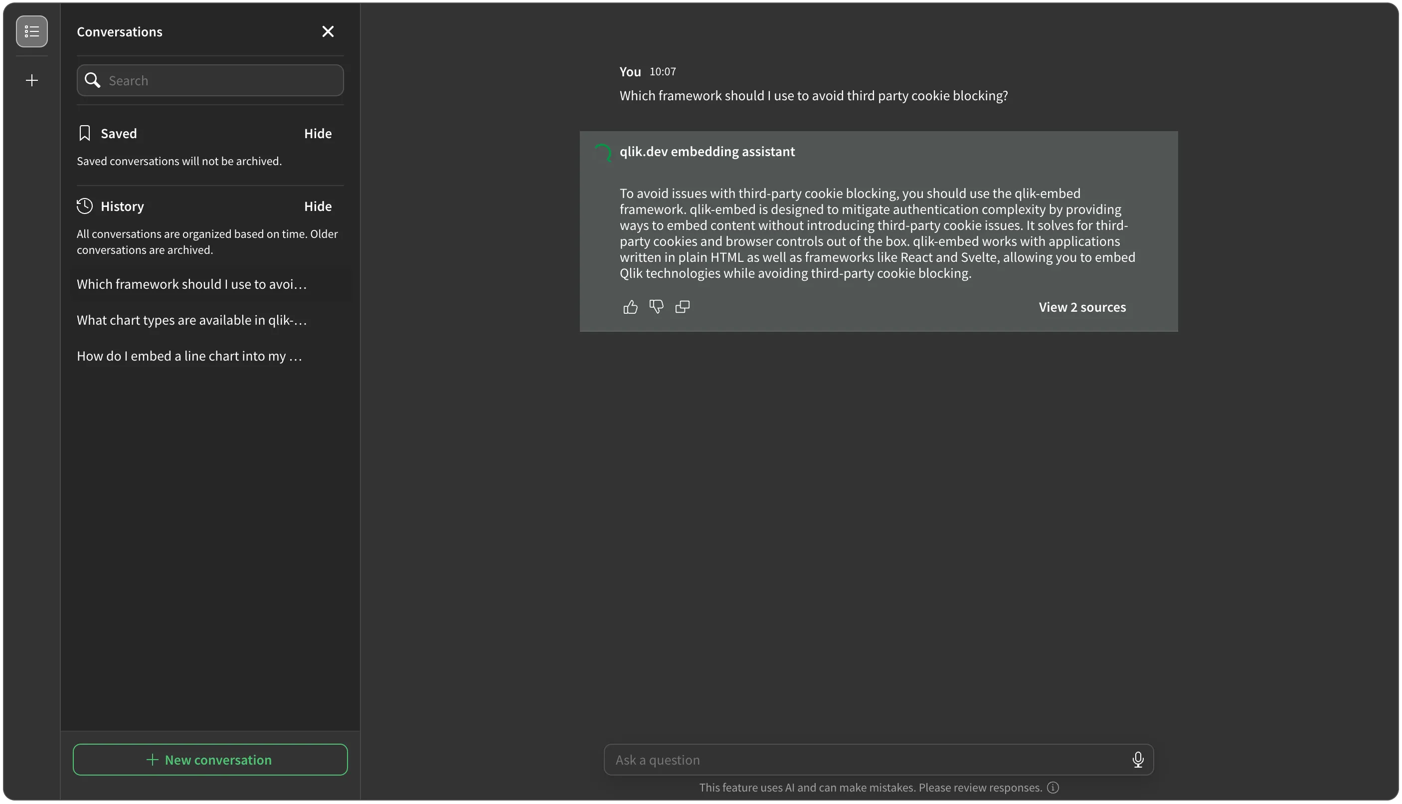 a screenshot of the legacy Qlik Answers assistant embedded into a web app
using qlik-embed and the ai/assistant UI