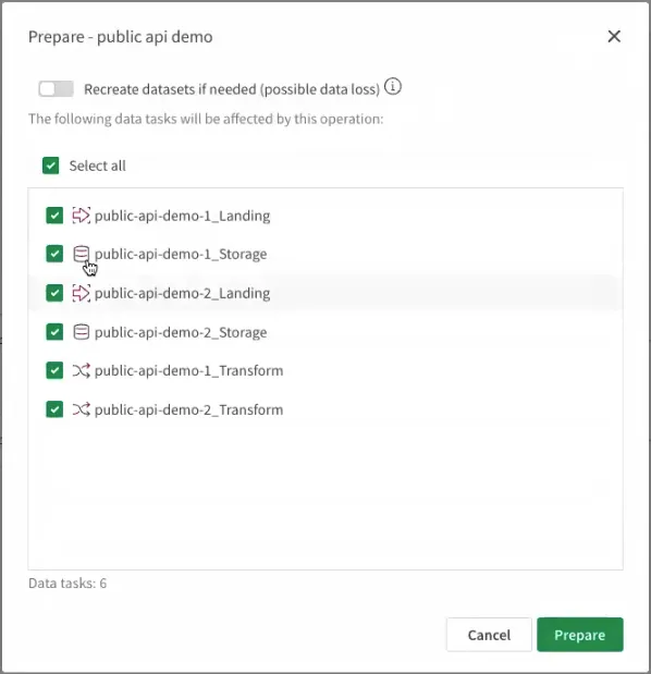 Prepare dialog in the Qlik Talend Data Integration UI