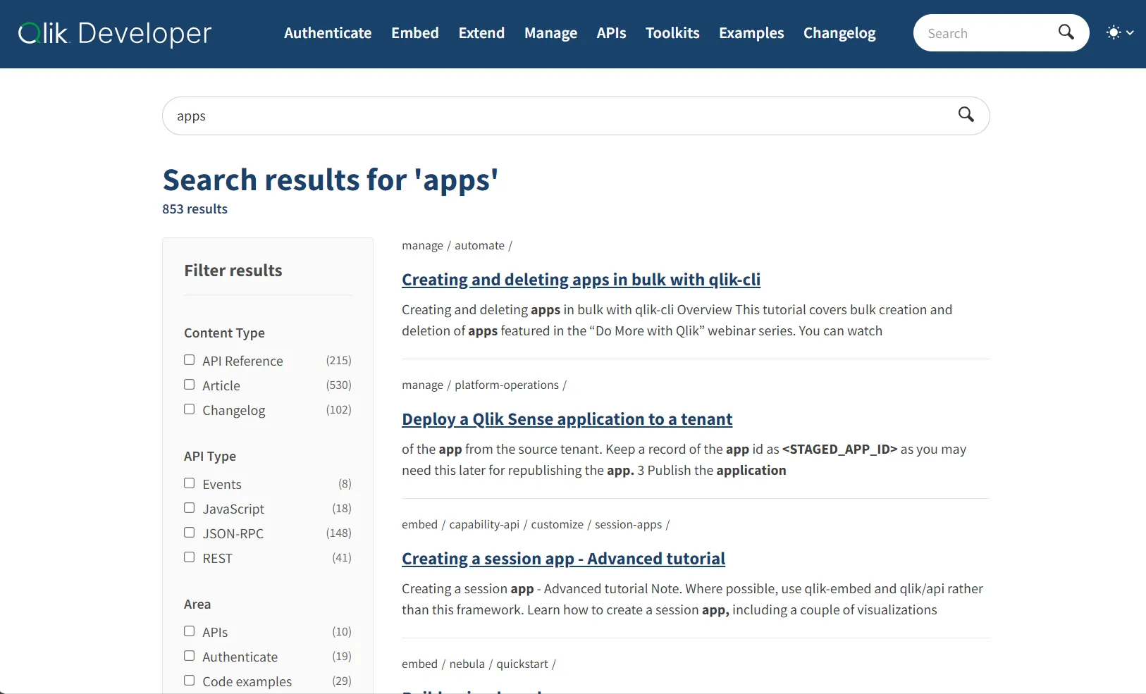 Search results page with Filters panel showing API reference, Articles, and Changelog options